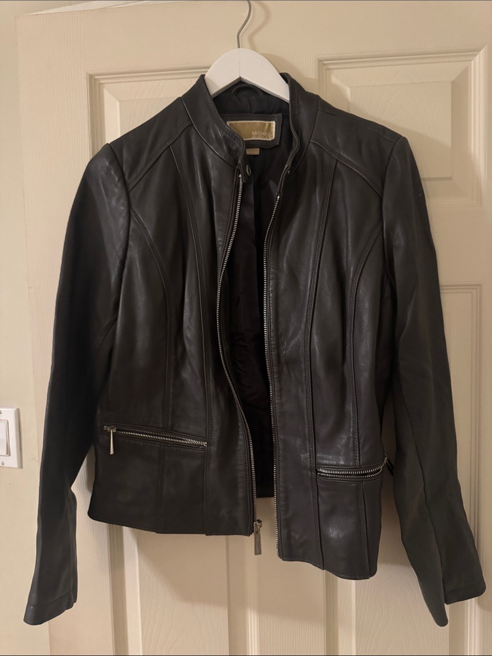 Michael Kors Gray Leather Zip-Front Jacket